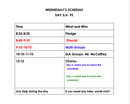Wednesday Schedule 
